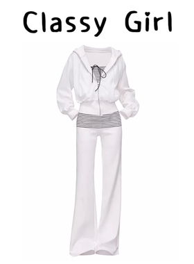 2026超火欧货白色休闲运动套装女春减龄洋派卫衣微喇叭裤三件套装