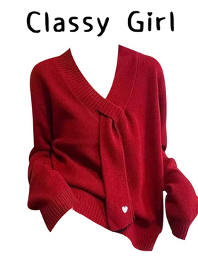 新年红色V领针织衫女春季大码胖MM时尚洋气宽松显瘦毛衣减龄上衣