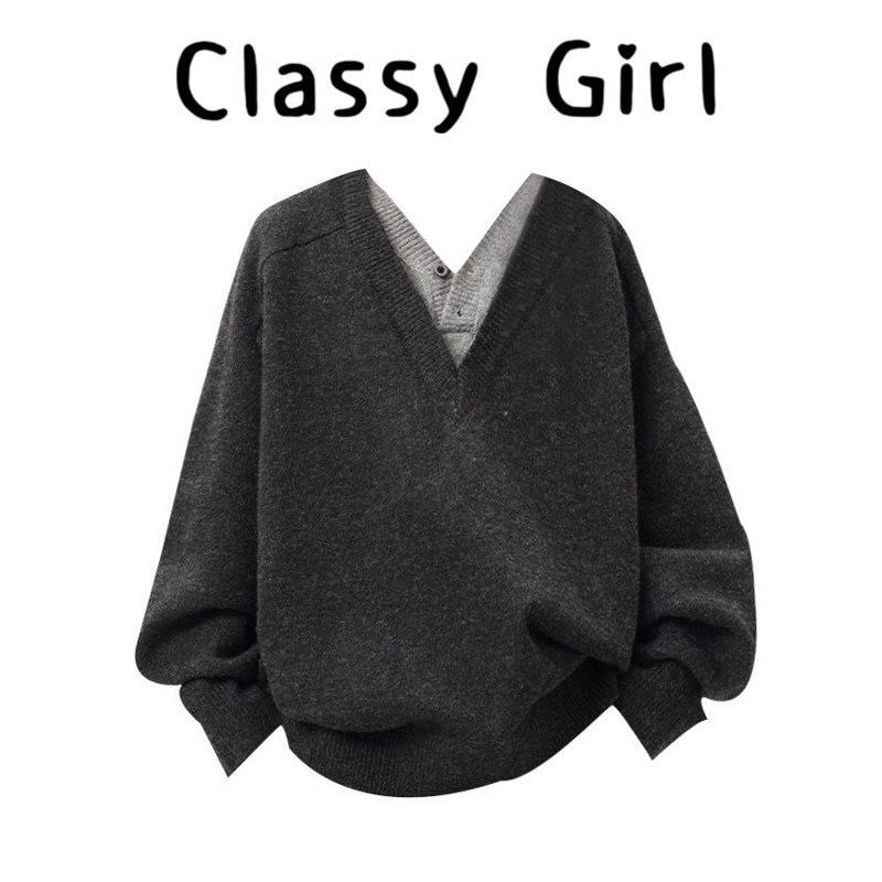 重磅假两件V领针织衫女男秋冬复古慵懒休闲毛衣老钱风内搭打底,女装/女士精品,大码内搭,淘宝优惠券,粉丝福利购,淘宝优惠卷