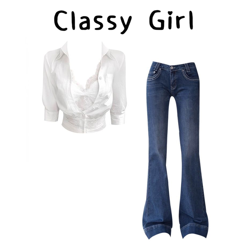 修身短款衬衫低腰微喇叭牛仔裤