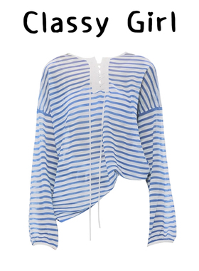 蓝色条纹长袖T恤女秋季新款韩系设计感宽松微透圆领罩衫休闲上衣