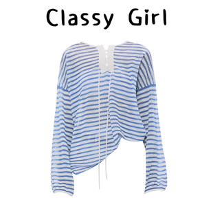 韩系设计感宽松微透圆领罩衫 新款 休闲上衣 T恤女秋季 蓝色条纹长袖