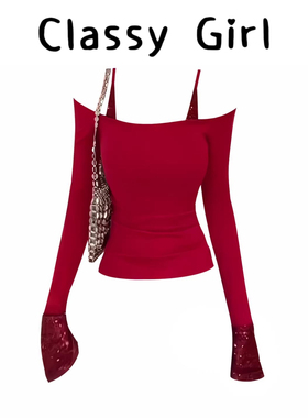拼接亮片假两件吊带长袖T恤女秋冬修身辣妹风红色收腰打底衫上衣