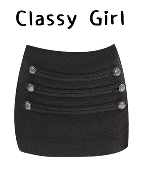 秋冬经典重工黑色毛呢半身短裙女小众巨好看扣眼设计A字包臀裙