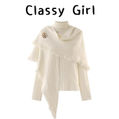 披肩针织两件套秋冬千金风高领设计感毛衣披肩套装 Classy girl