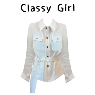 衬衫 中长版 女春季 宽松收腰系带衬衫 上衣 新款 老钱风气质polo领长袖