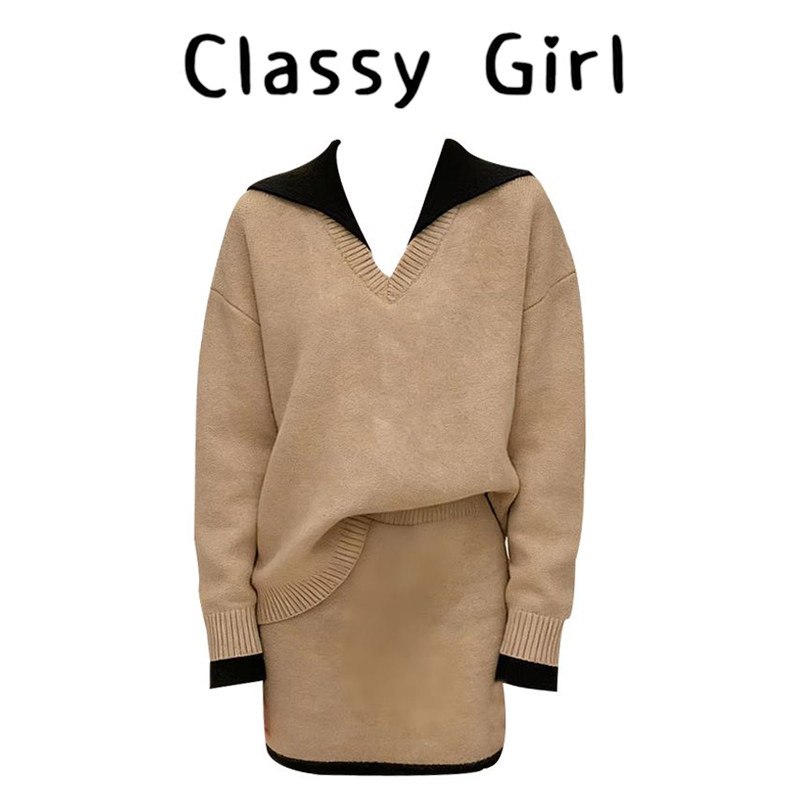 气质针织套装女秋冬2025新款宽松时尚假两件毛衣高腰半身裙两件套,女装/女士精品,大码套装,淘宝优惠券,粉丝福利购,淘宝优惠卷