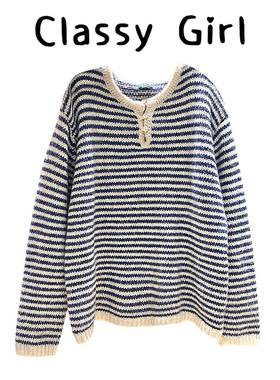 蓝色条纹圆领长袖针织毛衣女2025新款秋冬慵懒风内搭韩系打底上衣