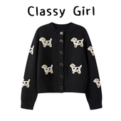 Classy girl 慵懒风黑色小狗印花圆领宽松针织毛衣女冬加厚外套