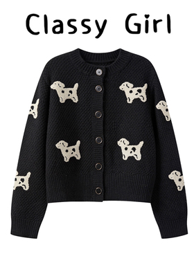 Classy girl  慵懒风黑色小狗印花圆领宽松针织毛衣女冬加厚外套