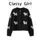 Classy girl 慵懒风黑色小狗印花圆领宽松针织毛衣女冬加厚外套