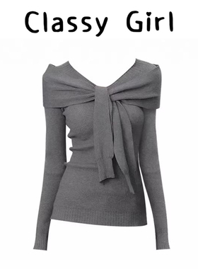 2025新款韩系高级灰色v领针织衫长袖t恤女冬季修身内搭打底上衣