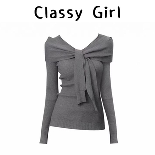 修身 2025新款 t恤女冬季 长袖 内搭打底上衣 韩系高级灰色v领针织衫