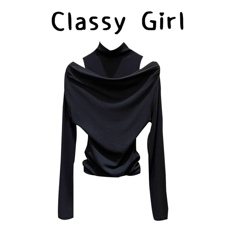 秋冬半高领假两件露肩设计感上衣