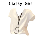 白色V领正肩短袖 韩系宽松慵懒风设计感百搭显瘦上衣 t恤女2026夏季