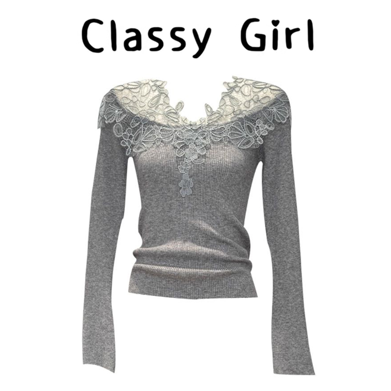 秋冬法式蕾丝拼接针织气质上衣
