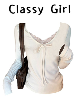 白色内搭上衣蕾丝V领打底衫女2025秋冬新款单穿设计长袖t恤绝美