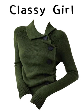 秋冬复古风斜扣翻领针织衫女2025秋新款绿色修身显瘦长袖内搭毛衣