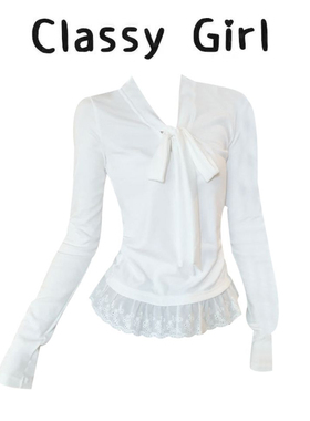 蝴蝶结绑带白色内搭打底衫女秋季2025年显瘦蕾丝边长袖T恤上衣