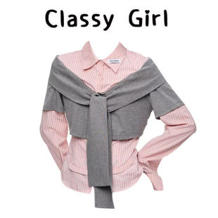 新款 Classy 女2026春季 真两件拼接条纹衬衫 韩系小众衬衣上衣 girl