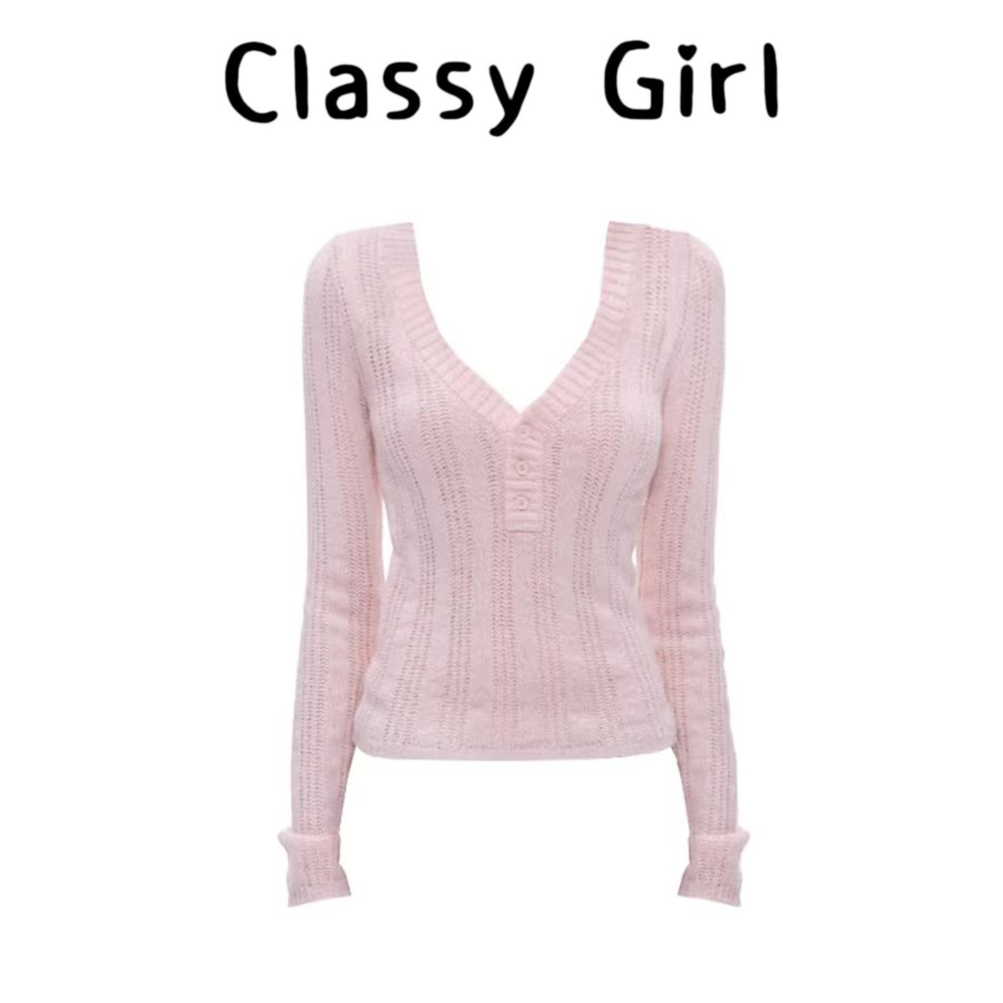 Classy girl 藕粉色V领毛织上衣女2025冬季竖坑条螺纹镂空针织衫,女装/女士精品,大码内搭,淘宝优惠券,粉丝福利购,淘宝优惠卷