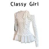 设计感长袖 白色波点蝴蝶结绑带内搭t恤女秋季 蕾丝花边修身 上衣ins