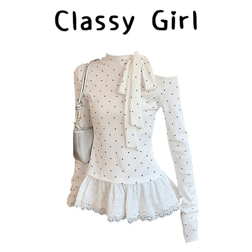 白色波点蝴蝶结绑带内搭t恤