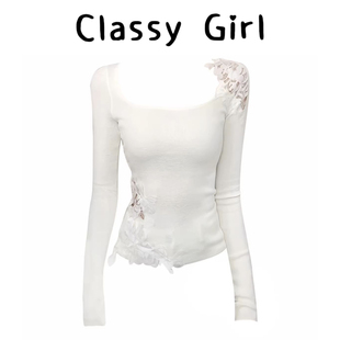 纯欲风蕾丝拼接方领长袖 显瘦设计感内搭短上衣 T恤女秋冬气质时尚