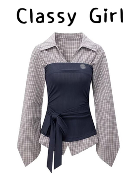 拼接假两件衬衫女2026早春新款小众设计感撞色衬衣收腰长袖上衣