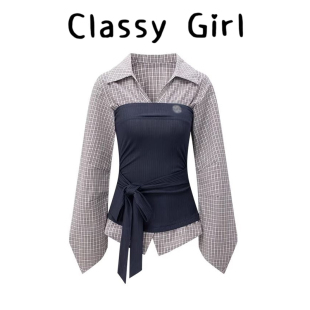 上衣 小众设计感撞色衬衣收腰长袖 拼接假两件衬衫 女2026早春新款