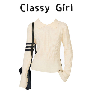 翻领针织衫 女韩里韩气早秋穿搭麻花套头学院风毛衣超好看上衣