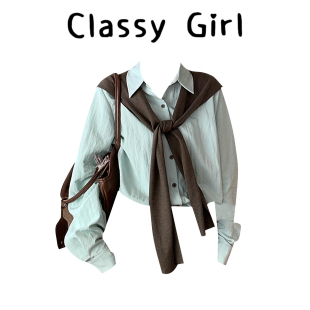 长袖 绿色宽松衬衫 纽扣设计休闲上衣穿搭时尚 2025新款 女秋季