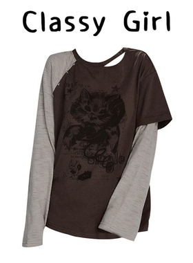 Classy girl美式复古假两件印花长袖t恤女秋季新款设计感宽松上衣