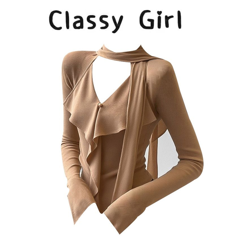 高级感气质飘带驼色荷叶边针织衫