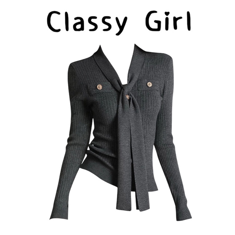 秋冬v领收腰内搭显瘦针织衫上衣