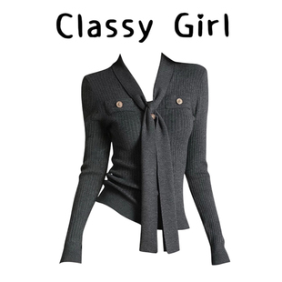 巴恩风飘带v领长袖针织衫女2025超好看的新款收腰内搭打底衫上衣