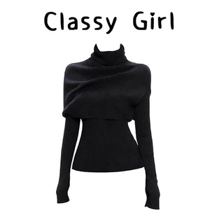 Classy girl 黑色高领披肩长袖毛衣打底衫女秋冬新款显瘦针织上衣