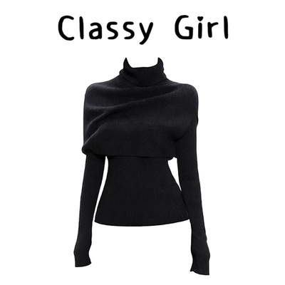 秋冬修身高领披肩显瘦针织上衣