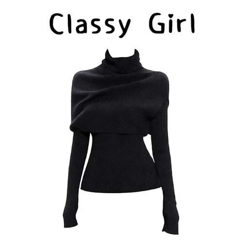 秋冬修身高领披肩显瘦针织上衣