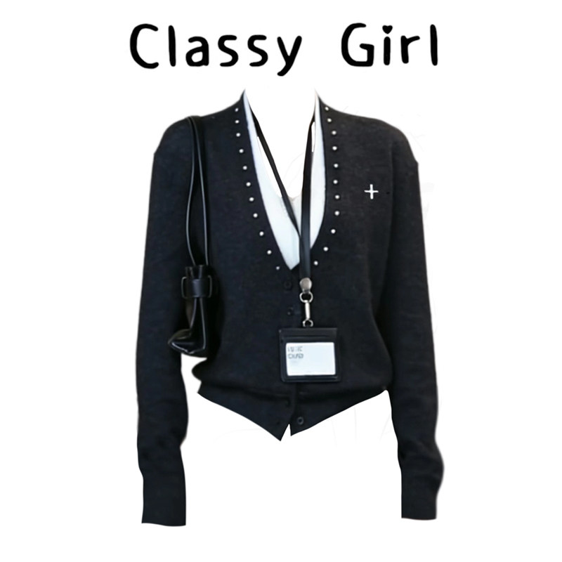 假两件钉珠毛衣开衫女20256春季韩系设计感保暖v领长袖外搭上衣,女装/女士精品,大码内搭,淘宝优惠券,粉丝福利购,淘宝优惠卷