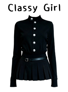 富家千金miu系穿搭半高领黑色厚设计感连衣裙春季新款收腰短裙