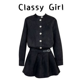 Classy girl 麂皮绒黑色连衣裙秋冬季穿搭千金感巨好看收腰短裙