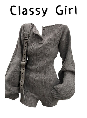 Classy girl 灰色套头麻花毛衣女冬修身显瘦亨利领针织上衣套装