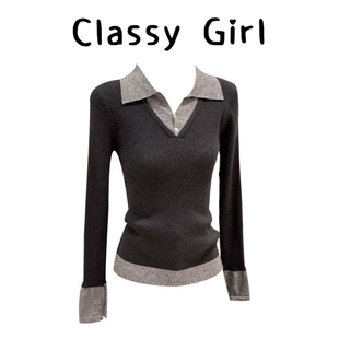 新款 女秋季 假两件设计感显瘦气质上衣 针织打底衫 高级感Polo领长袖