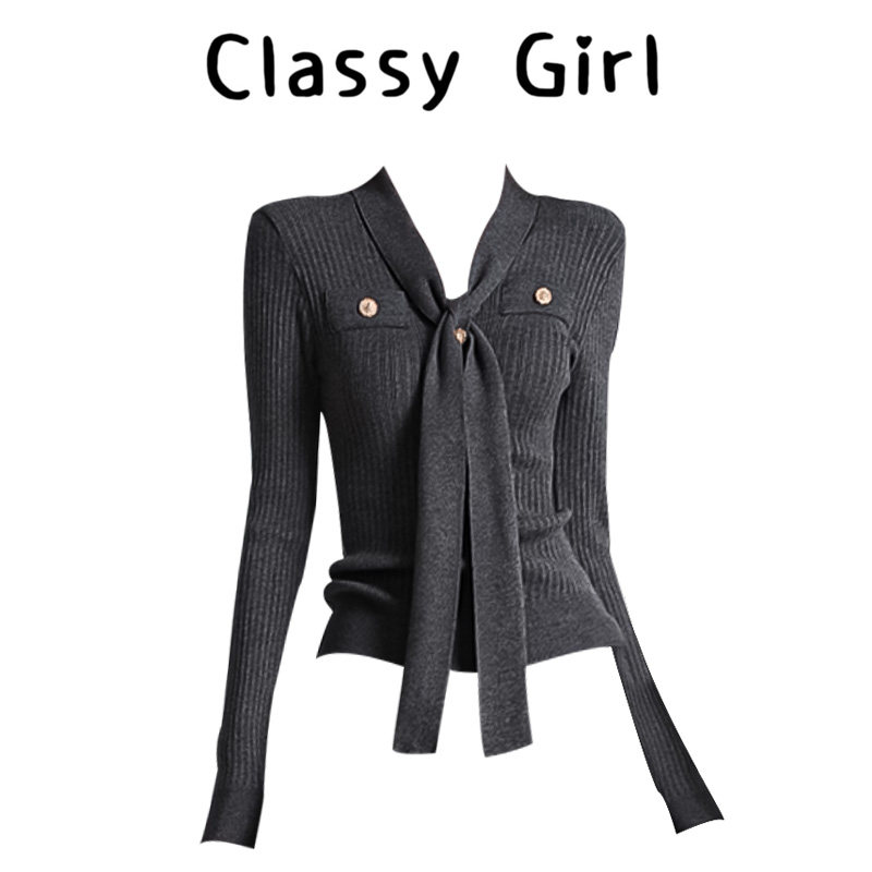 设计感v领长袖针织衫女2025秋冬小香风收腰内搭打底灰色上衣毛衣,女装/女士精品,大码内搭,淘宝优惠券,粉丝福利购,淘宝优惠卷