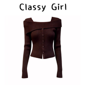 气质一字肩翻领针织衫 女2026春季 新款 法式 设计感修身 显瘦百搭上衣