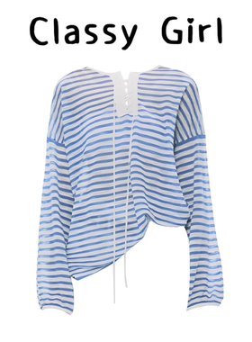 蓝色条纹长袖T恤女秋季新款韩系设计感宽松微透圆领罩衫休闲上衣