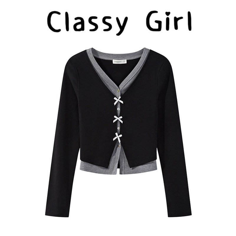 秋冬百搭假两件撞色拼接针织衫