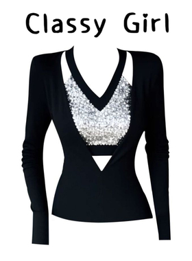 独特漂亮镂空V领修身收腰T恤女秋冬小众上衣假两件黑色内搭打底衫