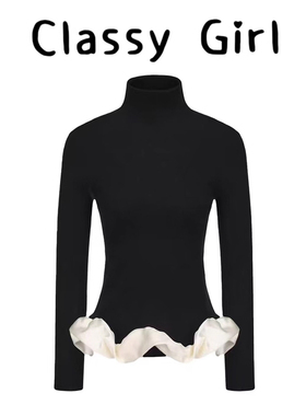 Classy girl 【柔夜雕塑】黑色长袖高领针织衫下摆云朵环绕上衣